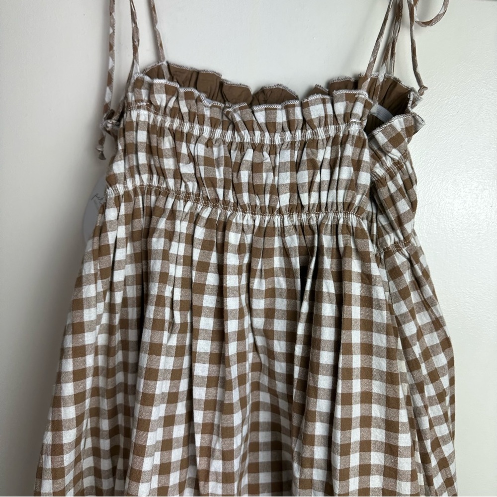 Smocked Gingham Tie-Strap Midi Dress - Beige/Tan - Picture 7 of 16